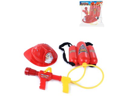 Hasicí přístroj dětský s pistolí na vodu set s přilbou plast v sáčku