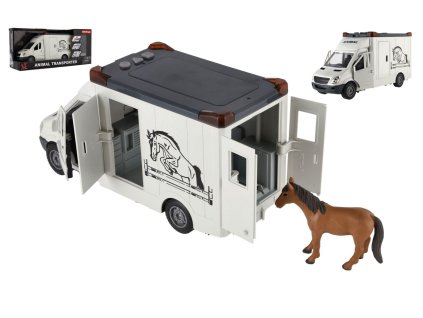 Auto přepravník zvířat plast  28cm s koněm na setrvačník se světlem se zvukem šedé v krabici 39x18cm