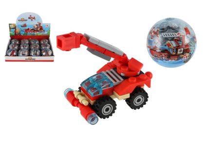 Stavebnice zásahová vozidla hasiči plast 7cm mix druhů v plastové kouli 12ks v boxu