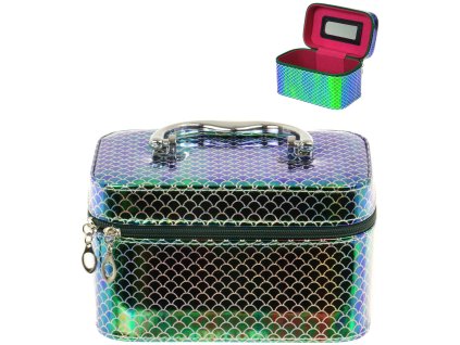 Kufřík dětský kosmetický vel. S se zrcátkem na zip zelenomodrý třpytivý