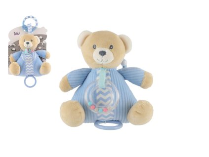 Medvěd natahovací hrací strojek s chrastítkem plyš 18x18cm modrý na kartě v sáčku 0+