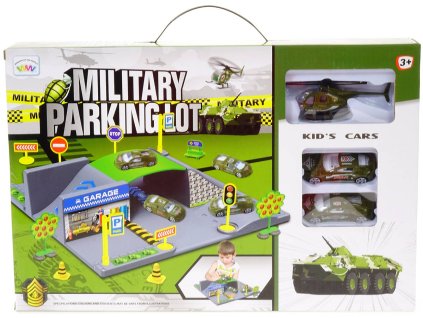 Parkoviště vojenský herní army set se 2 auty a vrtulníkem s doplňky