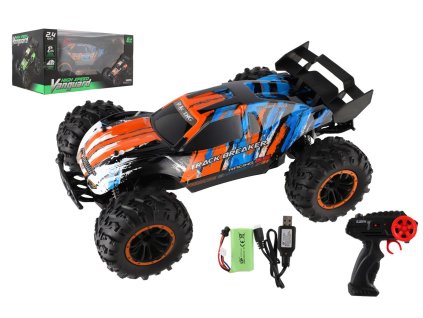 Auto RC Buggy rychlostní 2,4GHz plast 40cm dobíjecí pack+baterie oranžové-modré v krabici 42x21x28cm