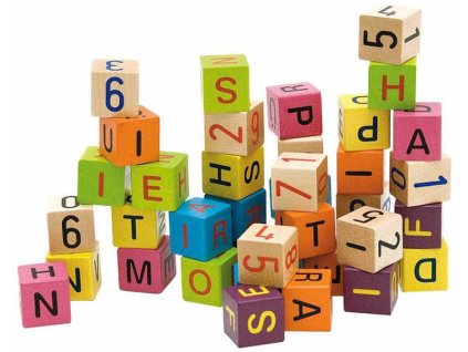 WOODY DŘEVO Kostky barevné ČÍSLA a PÍSMENA 44 dílků *DŘEVĚNÉ HRAČKY*