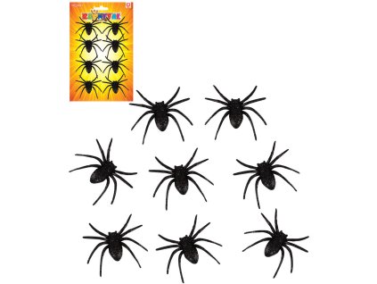 Pavouk černý třpytivý 6cm halloween dekorace set 8ks na kartě
