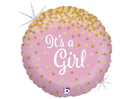 GRABO Balónek nafukovací růžový Je to holka! 46cm fóliový se zlatými konfetami