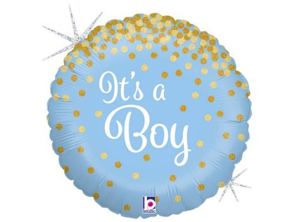 GRABO Balónek nafukovací modrý Je to kluk! 46cm fóliový se zlatými konfetami