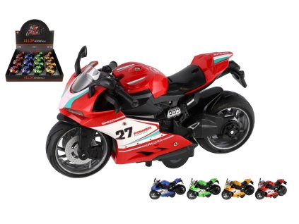 Motorka silniční plast 13cm na zpětné natažení na baterie se světle, zvukem 4 barvy 12ks v boxu