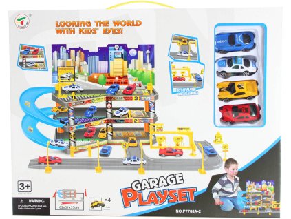 Garáž 2 patra herní set parkovací dům s dráhou a 4 autíčky