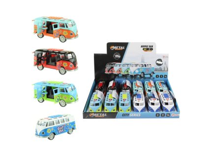 Autobus retro kov/plast 12cm na baterie se zvukem se světlem na zpětné natažení 4 barvy 12ks v boxu