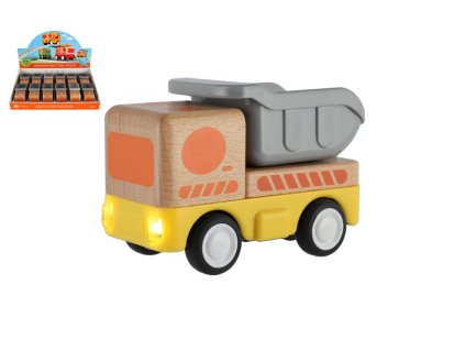 Auto nákladní dřevo 11cm na setrvačník na baterie se světlem, zvukem 12ks v boxu 18m+