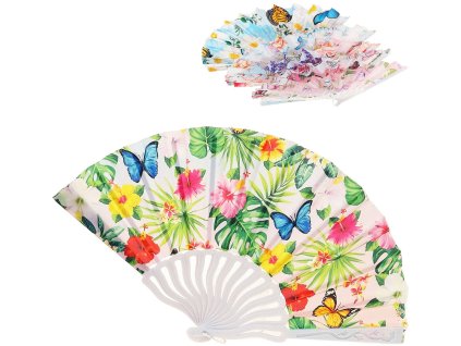 Vějíř dětský s potiskem květiny a motýli plast/textil 6 druhů