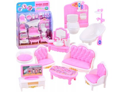 Nábytek růžovobílý doplněk do domečku pro panenky set 15ks plast