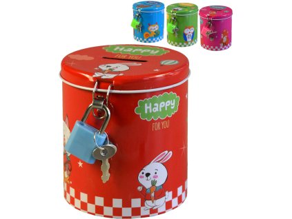 Pokladnička zvířátka válec dětská kasička se zámkem a klíčky 4 druhy kov