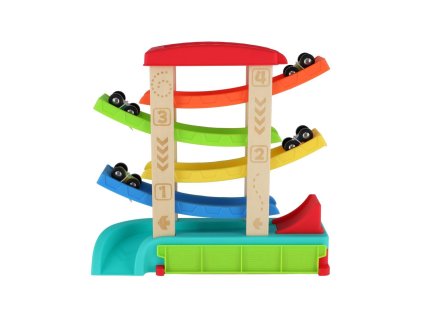 Dráha závodní kaskádová pro auta +auta 4ks dřevo/plast 33x32x10cm 18m+