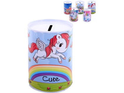Pokladnička válec jednorožec 12cm dětská kasička plechová 5 druhů