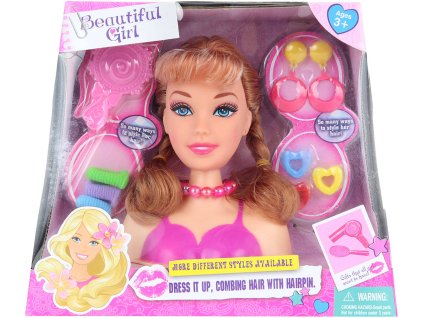 Česací hlava blondýnka dětský kadeřnický set s hřebenem a doplňky