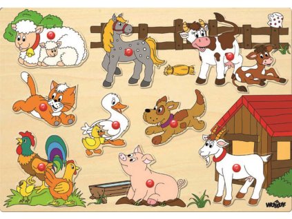 WOODY DŘEVO Baby puzzle vkládací zvířata 9 dílků s úchyty na desce