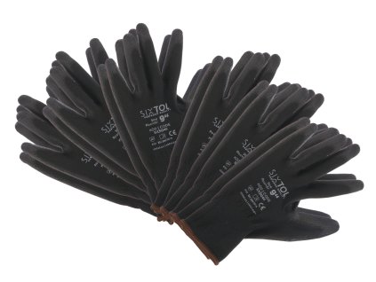 Rukavice pracovní z polyesteru polomáčené v PU GLOVE PE-PU 9, černé, vel 9", 6 párů SIXTOL