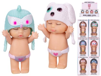 Panenka miminko 8cm batole s čepicí zvířátko 12 druhů v krabičce