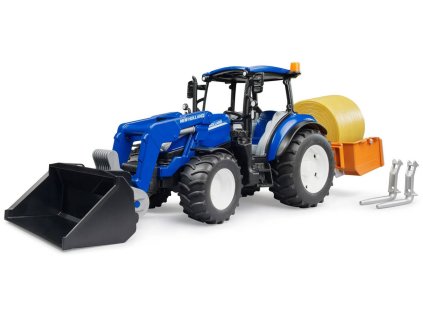 BRUDER 02187 Traktor New Holland T5 + plošina, balík, čelní nakladač