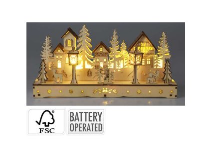 HOMESTYLING Vánoční dekorace s LED osvětlením 30 cm dřevěná vesnička hnědá KO-AX5350360