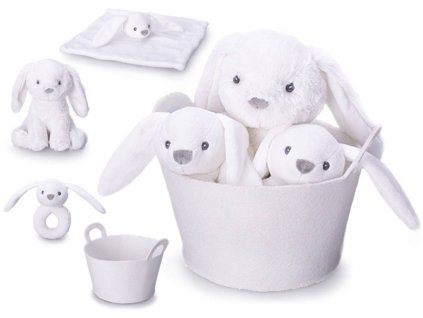 PLYŠ Zajíček bílý set s chrastítkem a usínáčkem v košíku pro miminko