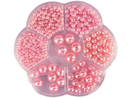 Korálky navlékací metalické růžové set 1150ks 3-12mm v plastovém boxu