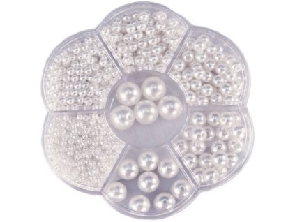 Korálky navlékací metalické bílé set 1150ks 3-12mm v plastovém boxu