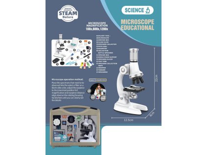 Mikroskop dětský velký zvětšení až 1200x v kufříku s příslušenstvím na baterie
