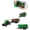 Traktor zelený se 3 přívěsy a kládami dřeva herní set v krabici plast