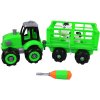Traktor šroubovací s vlečkou montážní set s nástrojem a zvířátkem na baterie