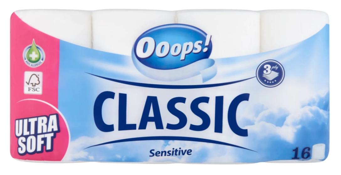 E-shop Ooops! Classic Sensitive toaletný papier 3vrst. 16ks