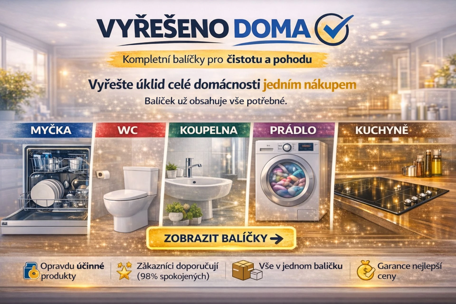 Kompletní balíčky pro čistotu domácnosti – kuchyně, koupelna, WC, prádlo a myčka