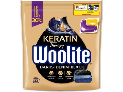 WOOLITE Gelové kapsle na tmavé a černé prádlo s keratinem 33 ks