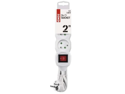 Predlžovací kábel 2m / 3 zásuvky / s vypínačom / biely / PVC / 1 mm2