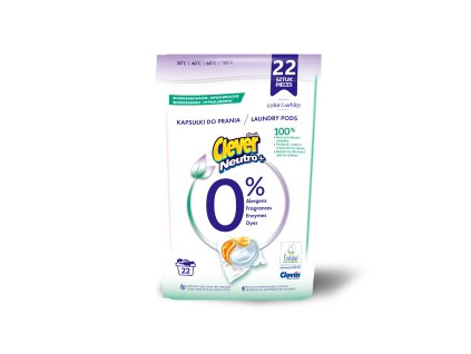 Hypoalergénne kapsulky do prania Clever Neutro+ Color& White 22ks - s 0% obsahom agresívnych látok a certifikátom ECOLABEL Vhodné pre deti (Bežná cena pri kúpe 1KS)