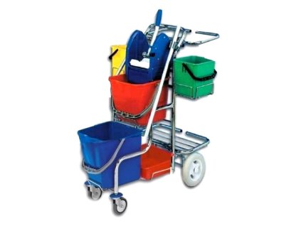 Servisný upratovací vozík 2x6L a 2x17L vedrá, chrómová konštrukcia, žmýkací lis, držiak a podpera na vrece, vanička