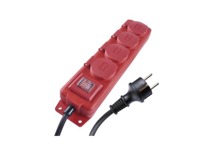 Predlžovací kábel 10 m / 4 zásuvky / s vypínačom / čierno-červený / guma-neoprén / 1,5 mm2