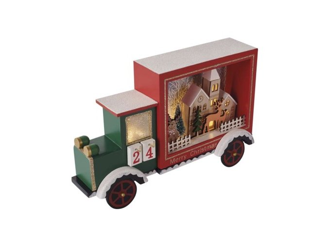 LED adventný kalendár, drevené auto,  20x30,5 cm, 2x AA, vnútorný, teplá biela, časovač