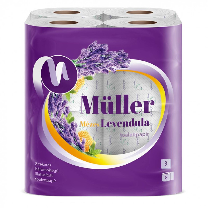 Toaletný papier Müller Med a Levanduľa 100% celulóza, 3vrst., 8 ks