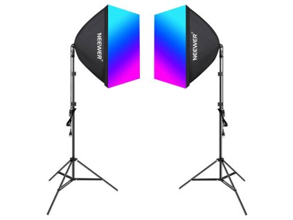 54374 kit neewer nk800 two softboxes bulbs rgb 24w 2700 6500k tripods barndoors