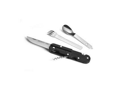 BIVOUAC CAMP KNIFE BLACK HANDLE - TEXTILE POUCH - FORK and SPOON