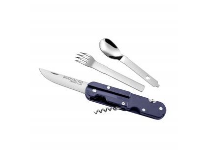 BIVOUAC CAMP KNIFE BLUE HANDLE - TEXTILE POUCH - FORK and SPOON