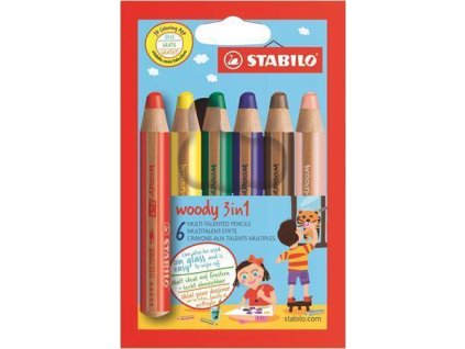 Barevné pastelky "Woody", 6 barev, maxi, 3v1 – pastelky, vodovka, voskovka, STABILO