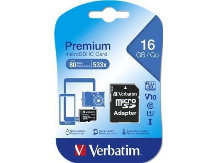 Paměťová karta "Premium", microSDHC, 16GB, CL10/U1, 45/10 MB/s, adaptér, VERBATIM