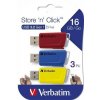 USB flash disk "Store n Click", červená, modrá, žlutá, 3 ks x 16GB, USB 3.2, 80/25MB/sec, VERBATIM 4