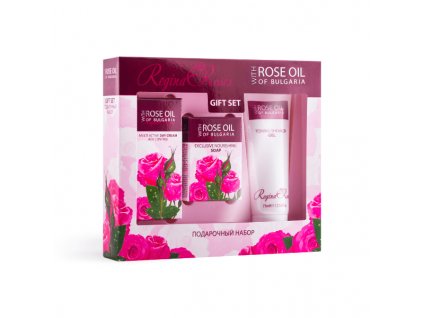 Darčekový set s ružovým olejom pre ženy - denný krém, mydlo a sprchový gél Regina Roses