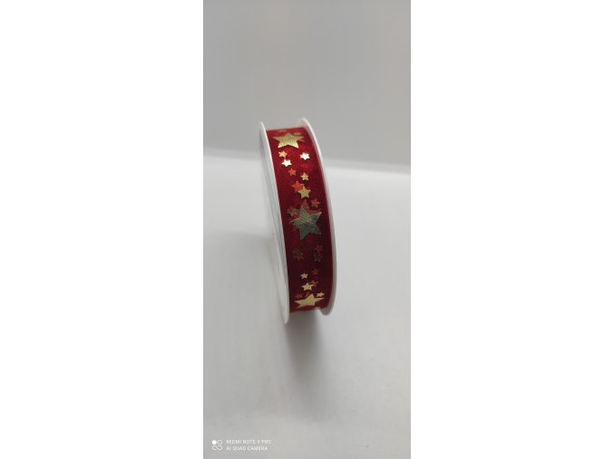 Stuha na cívce červená zlatá hvězda 1,5 cm x 4 m