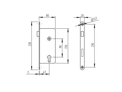 Zámek zadlabávací JP90 - dveřní mechanický zadlabávací zámek bez cylindrické vložky, pro jekly 30x30mm a 40x40mm, rozteč 90mm
